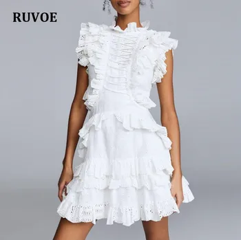 

New Solid White Sweet Women Dress Cross Drawstring Ruffled Elegant Dress Sleeveless Holiday Vocation Mini Party Dress RXD-071