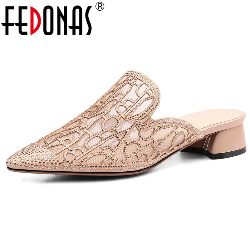 

FEDONAS Women Fashion Sandals Rhinestone Mesh Breathable Comfortable High Heels Summer Pointed Toe Elegant Slippers Shoes Woman