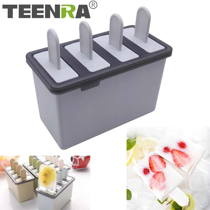 

TEENRA 4Pcs Ice Cream Popsicle Molds Candy bar Making Tool Juice Popsicle Molds Children Ice Cube Tray