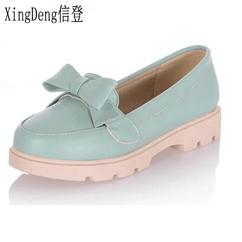

XingDeng New Women Shoes Bowknot Flat Loafers Shoes Round Toe Student Sweet Spring Plus Size 34-43