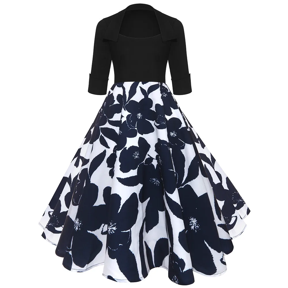 Women Vintage Sleeve O Neck floral Printing Half sleeves black draped Evening Party Prom Swing Dress vestidos mujer 2018 | Женская