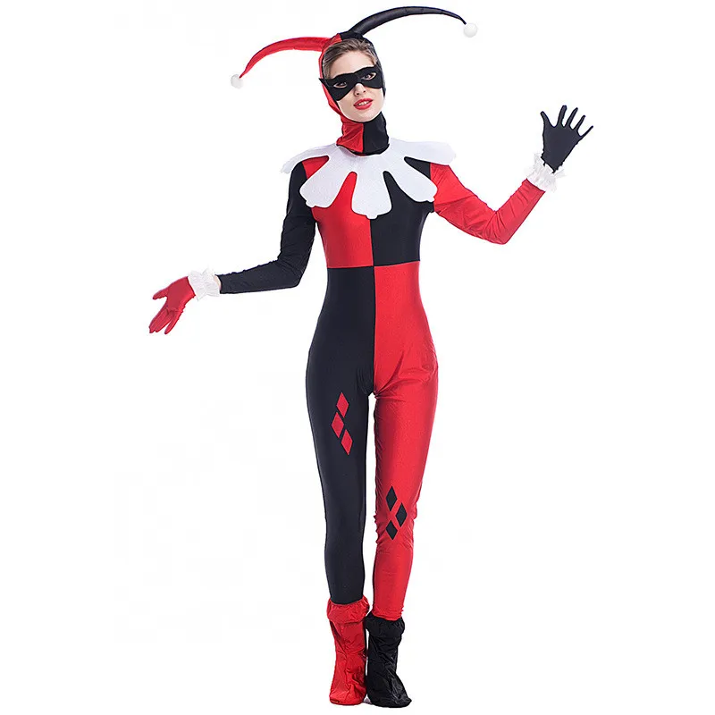 Harley Quinn Cosplay Jumpsuit Bodysuit Costume Black and Red Fitted