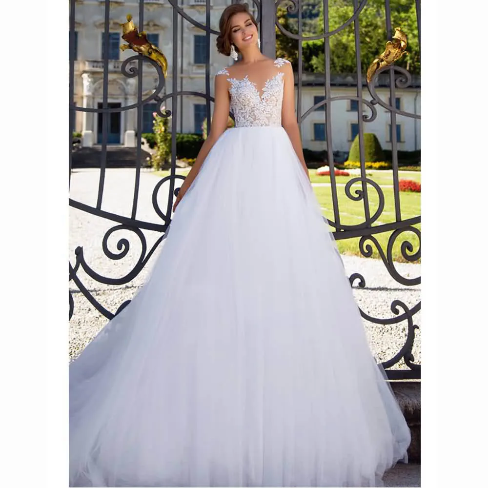 New Arrival 2017 Modern Wedding Dresses White Floor-Length Ball Gown With Count Train Lace Tulle Bridal Gowns | Свадьбы и торжества