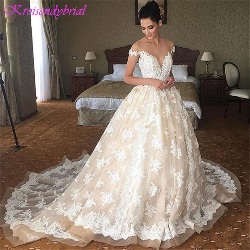 

DZW527 Lace Vestido De Noiva 2019 Muslim Wedding Dresses Ball Gown V-neck Off The Shoulder Tulle Boho Wedding Gown Bridal