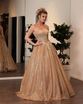 

Gold Evening Dress Sequin Strapless A-Line Floor Length Special Occasion Evening Dresses Formal Gowns Vestidos