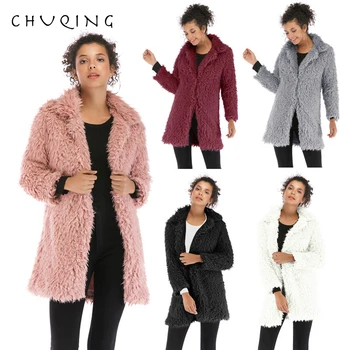 

CHUQING Women's Winter Warm Plush Jacket Female Lapel Long Coat Female