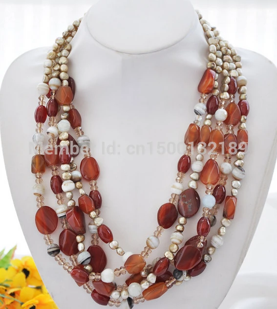 

j00484 BEAUTIFUL 5row 22" gray baroque pearl red faceted agate crystal necklace