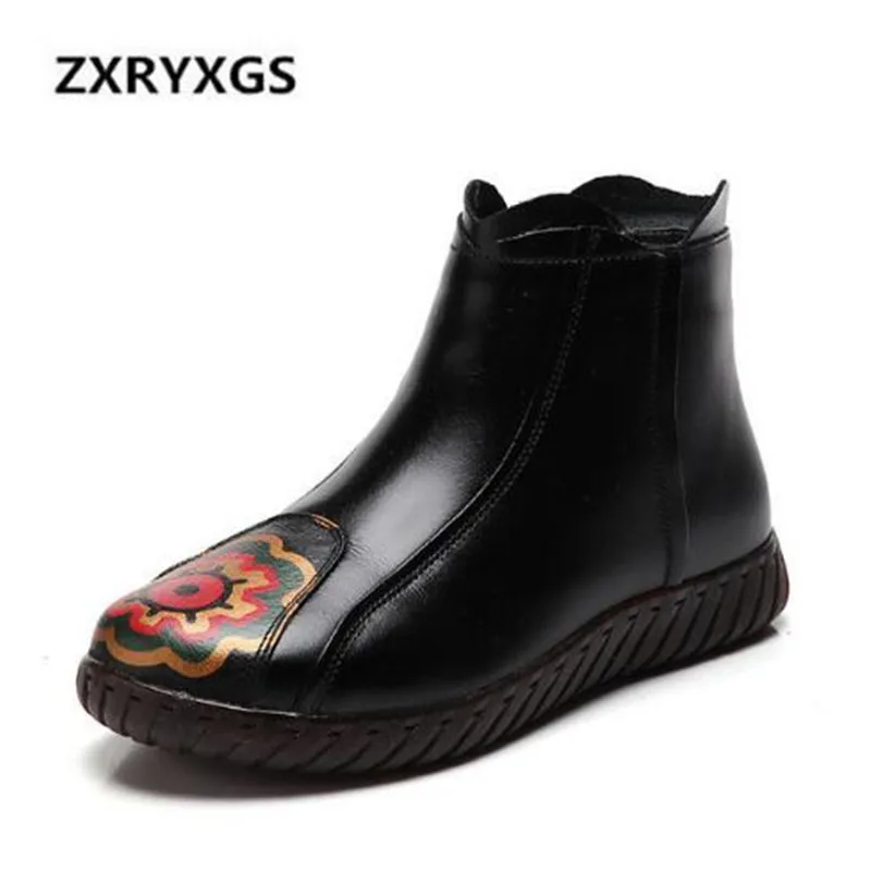 

2018 Newest Winter Snow Boots Women Retro Printing Cow Leather Shoes Woman Boots Comfortable Non-slip Women Warm Shoes