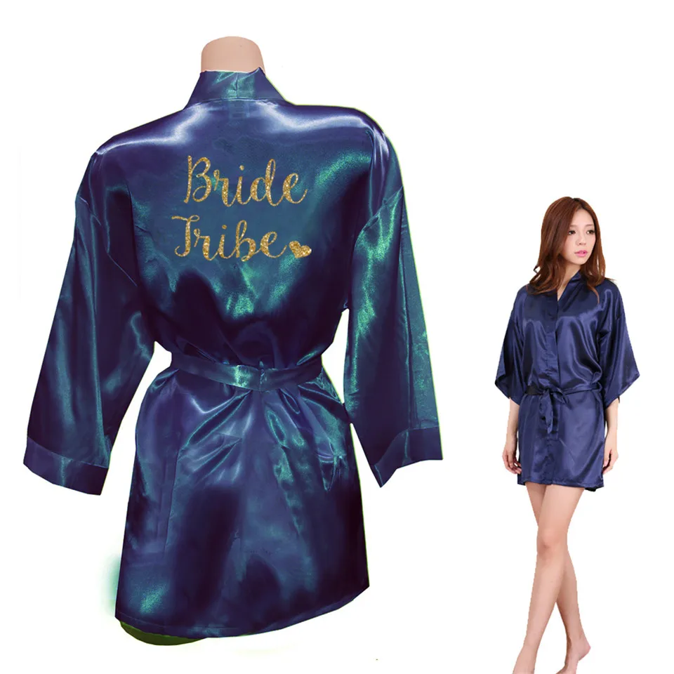 Navy Blue Для женщин кимоно халаты из искусственного шелка невесты надпись «Bride Tribe» в форме сердца золотой с блестками, платья с принтом для мальчиков и девочек с надписью Preparewear - Цвет: Navy Blue