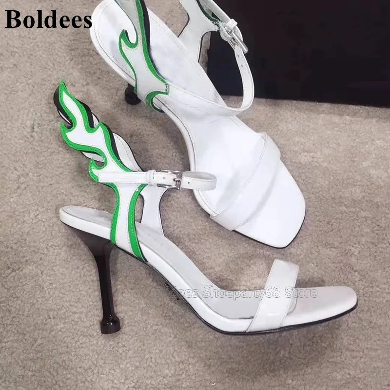

New Strange Heeled High Heel Gladiator Sandals Woman Flame Designer One Belt Concise Mixed Color Ankle Strap Summer Party Shoes