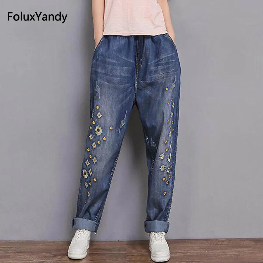 

Embroidery Denim Wide Leg Pants Women Plus Size 3 XL Casual Loose Female Jeans Blue Trousers MYNZ101