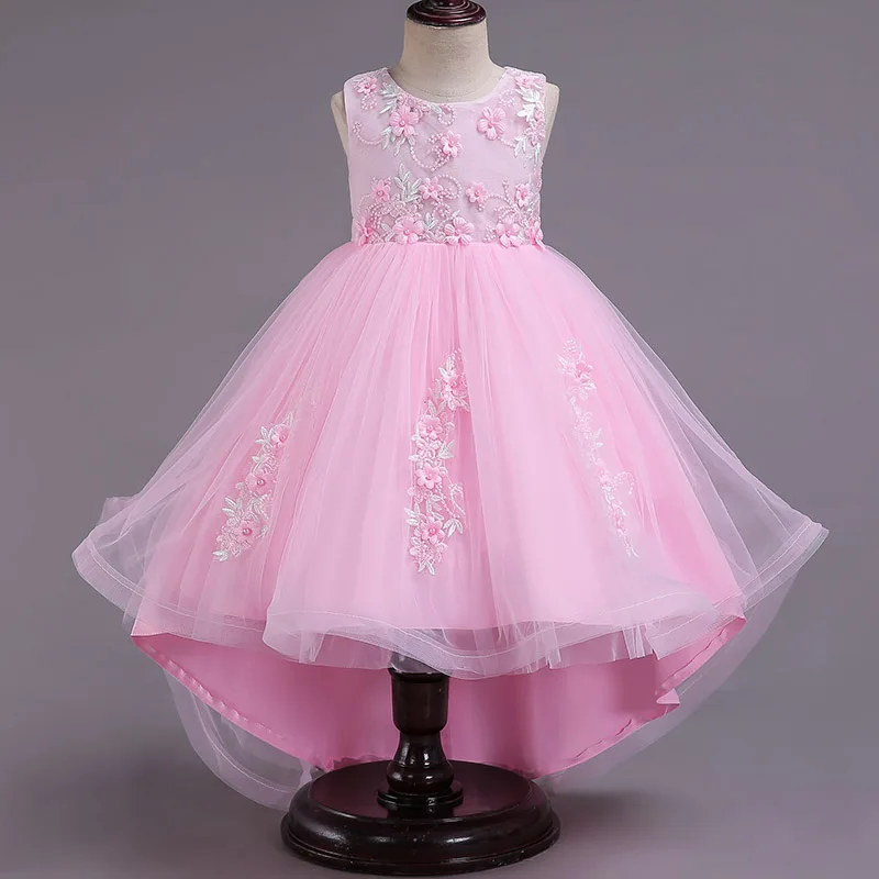 Pink Одежда для детей; кружевное Тюлевое платье с цветочным узором для девочек; вечерние платья принцессы на свадьбу; элегантное детское платье; одежда для маленьких девочек - Color: Pink