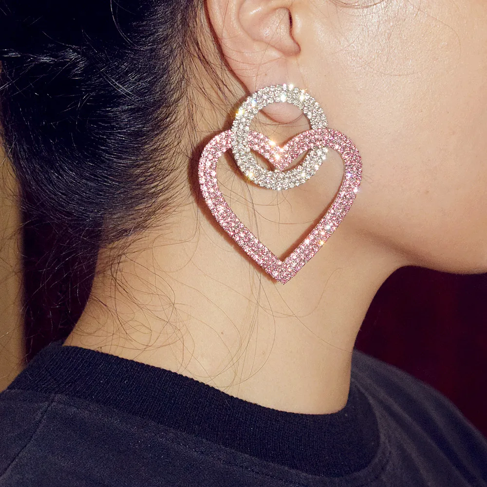 

Shiny Pink White Rhinestone Double Heart Pendant Dangle Earrings for Women Jewelry Fashion Show Statement Earrings Accessories