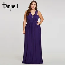 Tanpell v neck long evening dress purple beaded cap sleeves floor length a line gown women new prom formal plus evening dresses