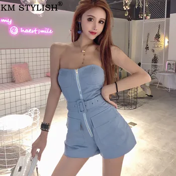 

Summer New Slim Sexy Women White Blue Short Jumpsuit Zipper Belt Wrapped Breast Off-the-shoulder Tube Top Playsuits