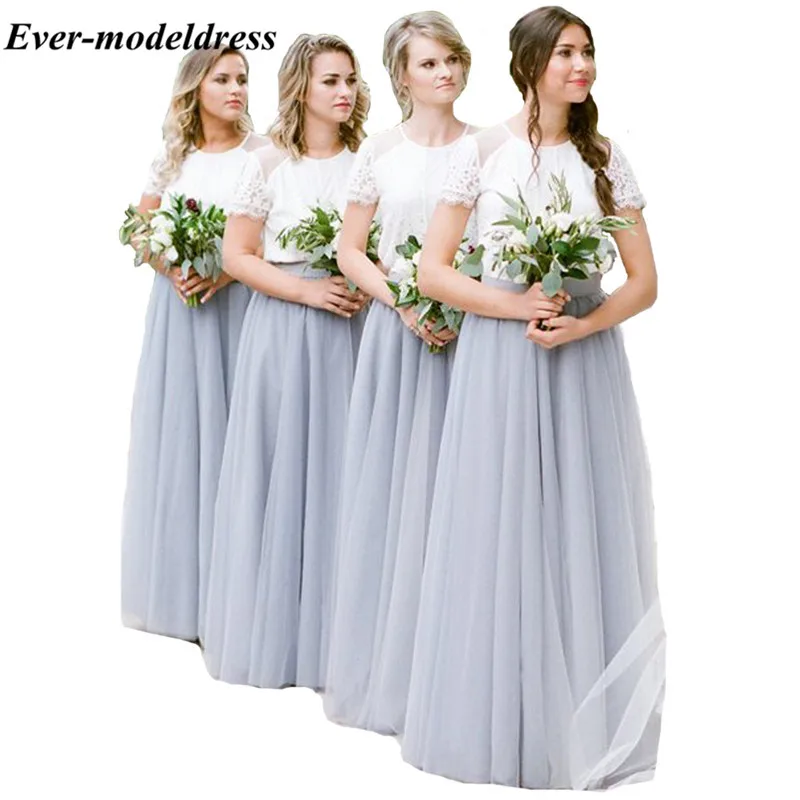 A Line O Neck Soft Tull Bridesmaids Dresses Floor Length Lace Long