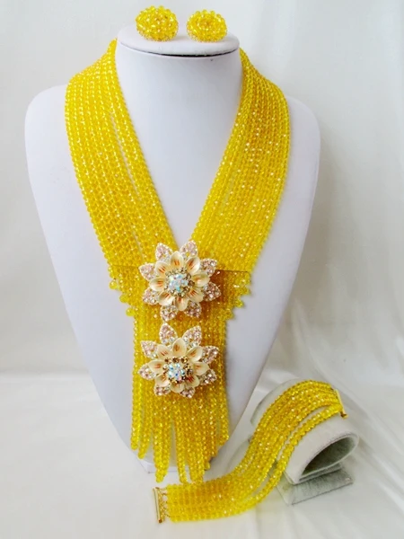 

2016 Fashion Yellow african crystal beads necklace set nigerian wedding african beads jewelry Set Free shipping C1516