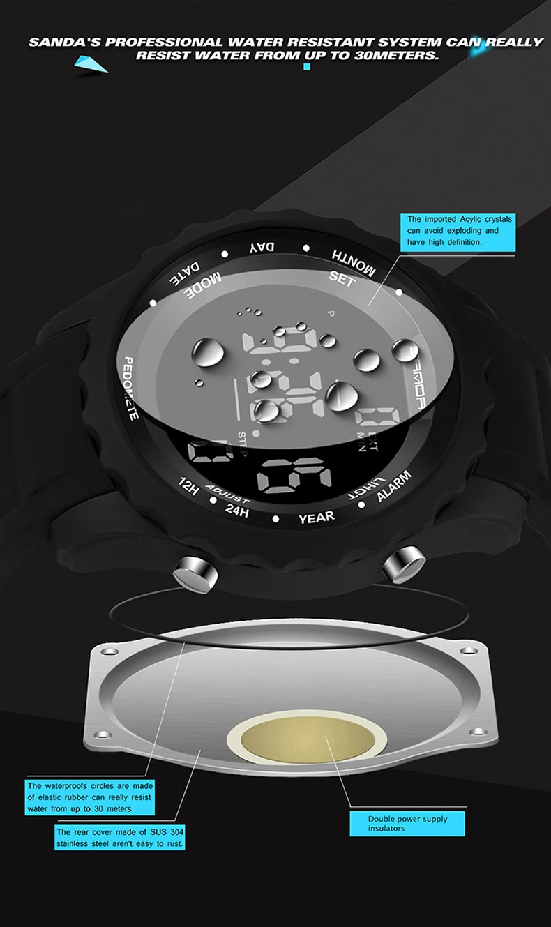 SANDA мужские спортивные часы Лидирующий бренд роскошный шагомер хронограф светодиодный цифровые водонепроницаемые часы мужские часы Relogio Masculino