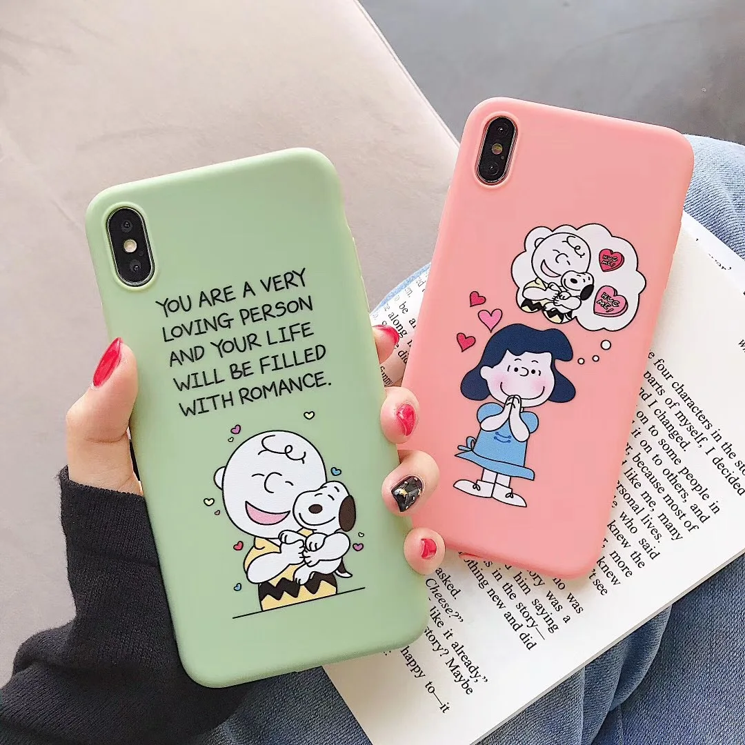 

Newest Japan Cute Cartoon Charlie Brown Lucy phone case For iphone Xs MAX XR X 6 6s 7 8 plus love couple soft TPU back Cover