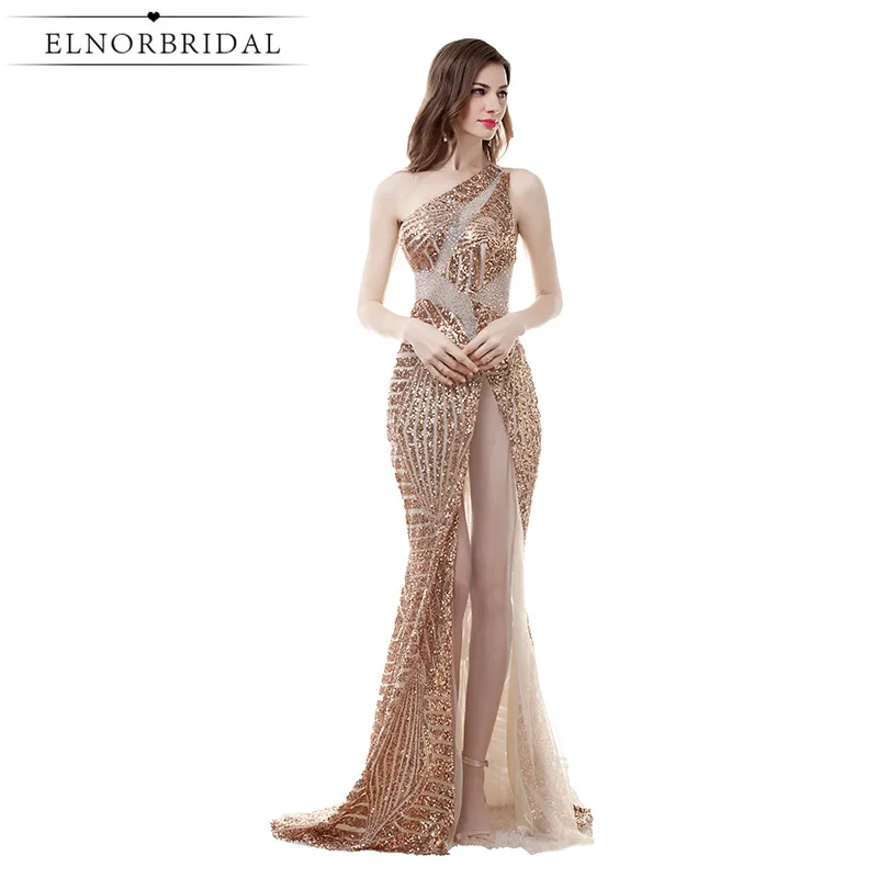

Champagne Sequins Evening Dresses Mermaid 2019 See Through Prom Dress Formal Long Imported Party Gowns Vestido De Noche