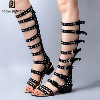 

Prova Perfetto Full Rivets Studded Women Sandals Straps Suede Low Heel Gladiator Sandal Hollow Out Summer Boots High Boats