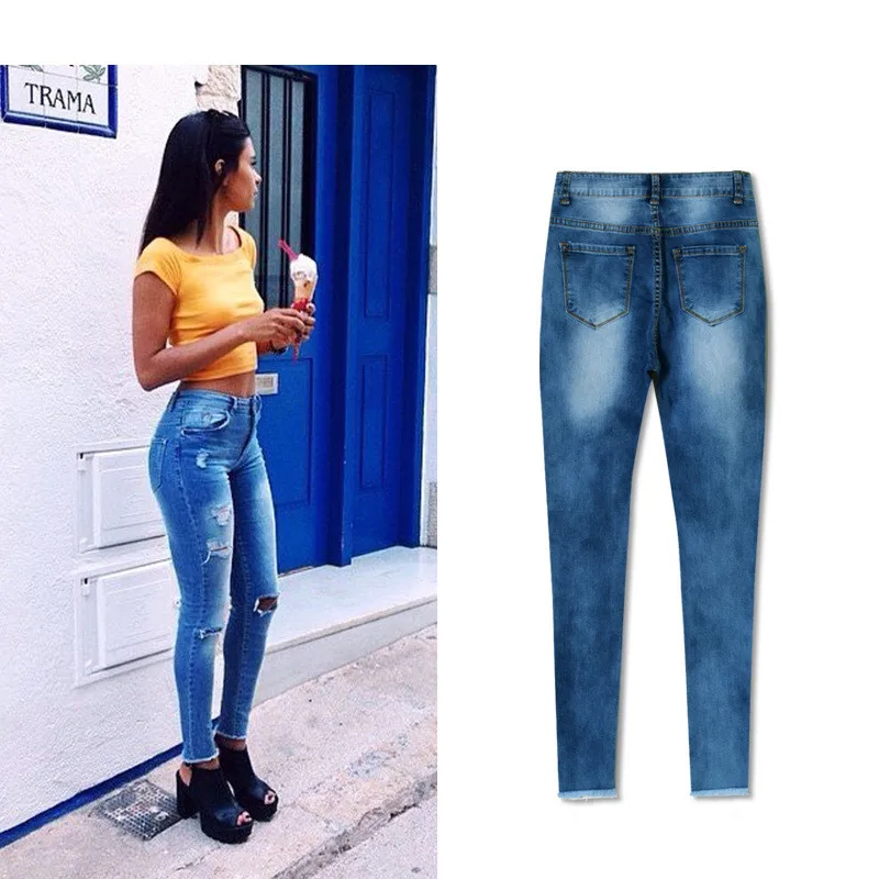 Jeans High Waist Ripped Hole Women Boyfriend Jeans Navy Blue Cotton Skinny Denim Push Up Bleached Fashion Female Jeans Femme (19)