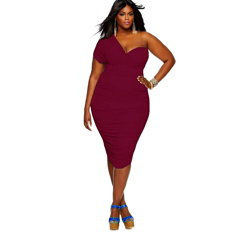 

Summer sexy evening party One Shoulder club wear midi dress black women 2018 plus size 3XL 4XL 5XL Bodycon Ruched Pleat vestidos