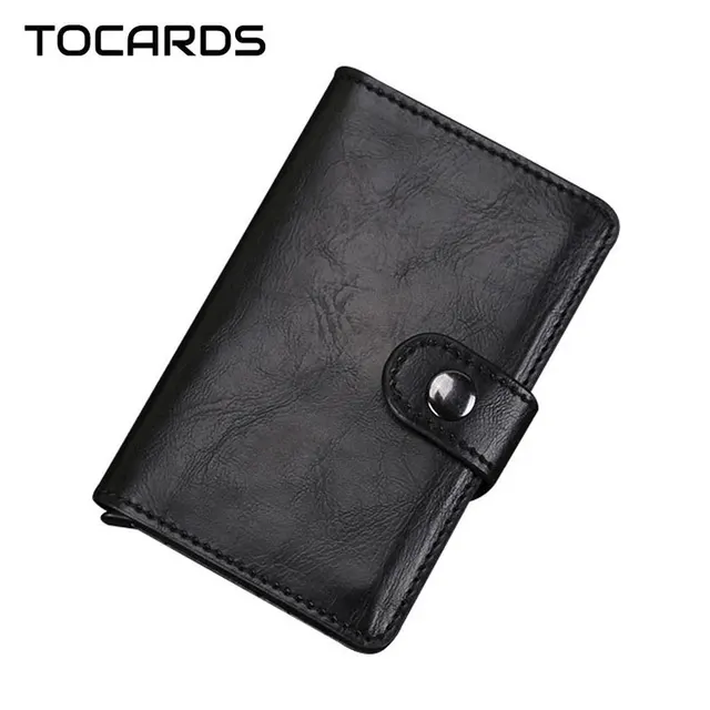 Best Price Automatic Crazy Horse Leather Credit Card Holder Man Aluminum Alloy Business ID CardHolder Male Slim Card Case Wallet for Men