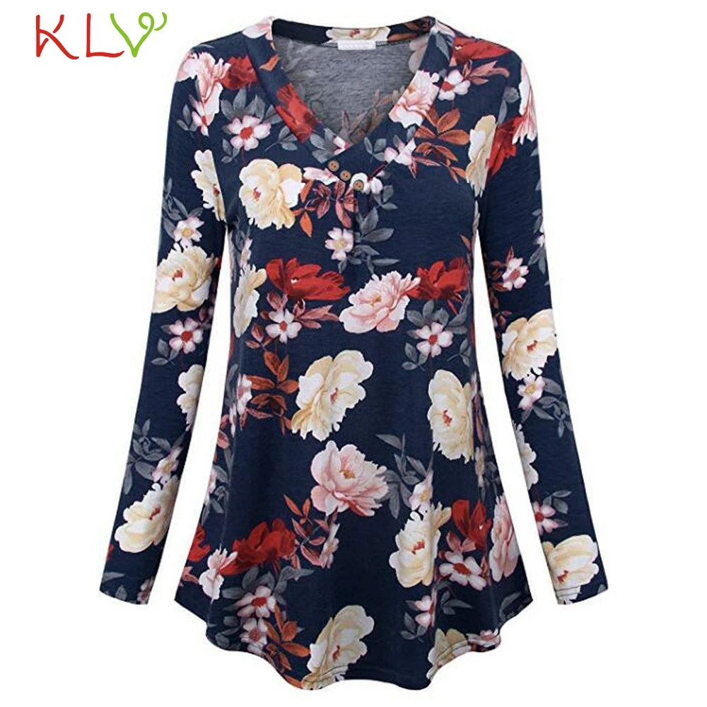 Women Top Print V-neck Button Pullover Modis Winter Autumn Long Sleeve T shirt Casual Female T-shirt Plus Size 18Nov7