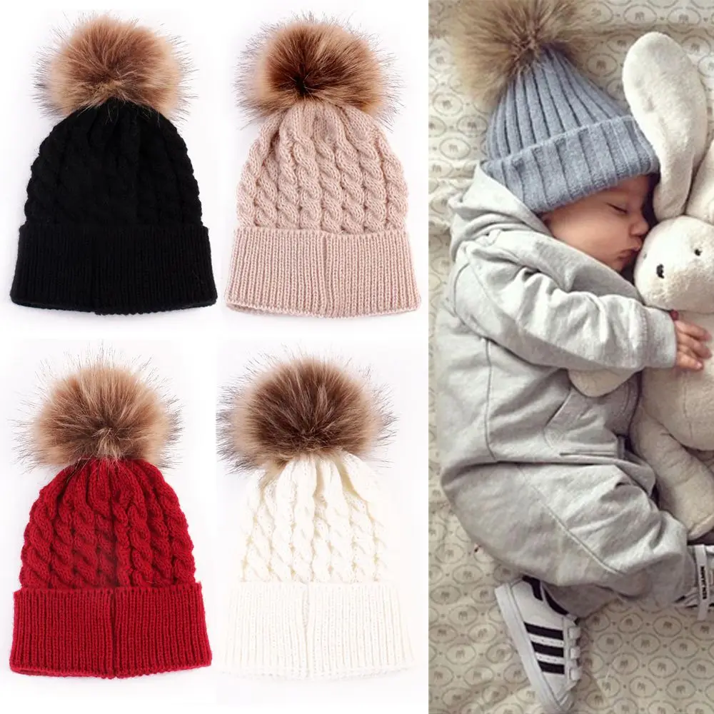 Зимняя теплая шапка для новорожденных девочек, меховая шапка с помпоном, зимняя вязаная шерстяная шапка для детей 6-24 месяцев
