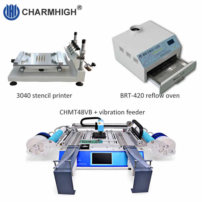 

Best sale SMT Production line: 3040 Stencil printer + CHMT48VB pick and place machine + vibration feeder+ Reflow oven BRT-420