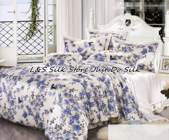 - silk bedding set 4pcs luxurious mulberry pure print soft silk duvet cover flat sheet pillowcase ls2126