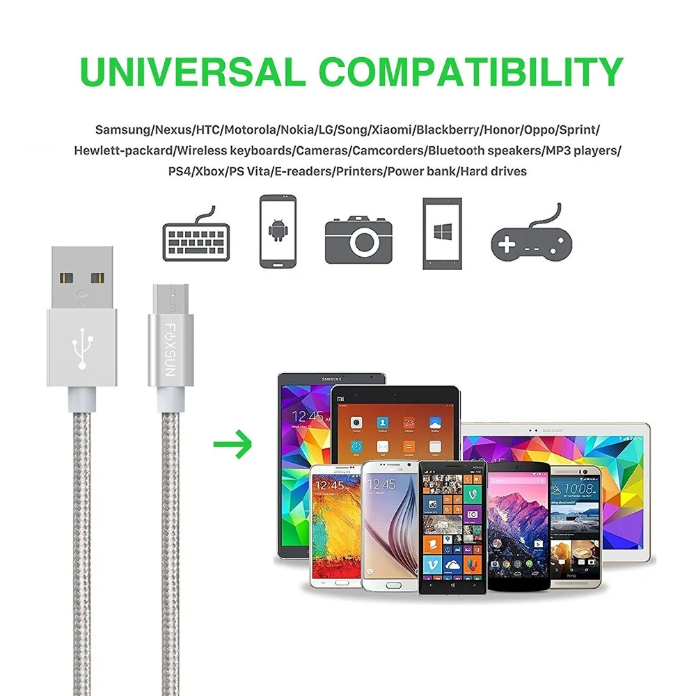 Foxsun 3 фута/1 м нейлоновый Плетеный Android кабель для зарядки USB к Micro зарядный Samsung|cable