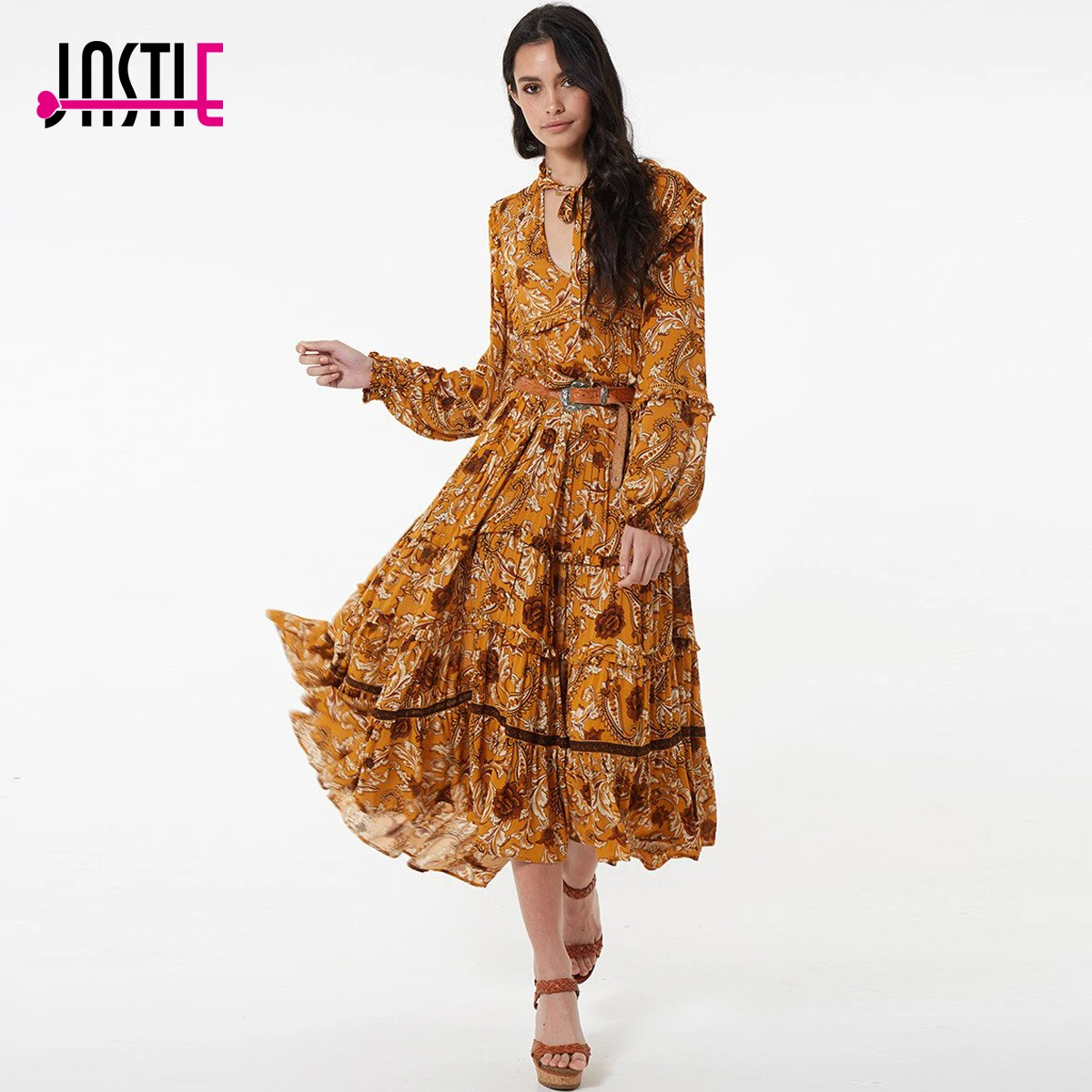 spring summer v neck printed maxi dress