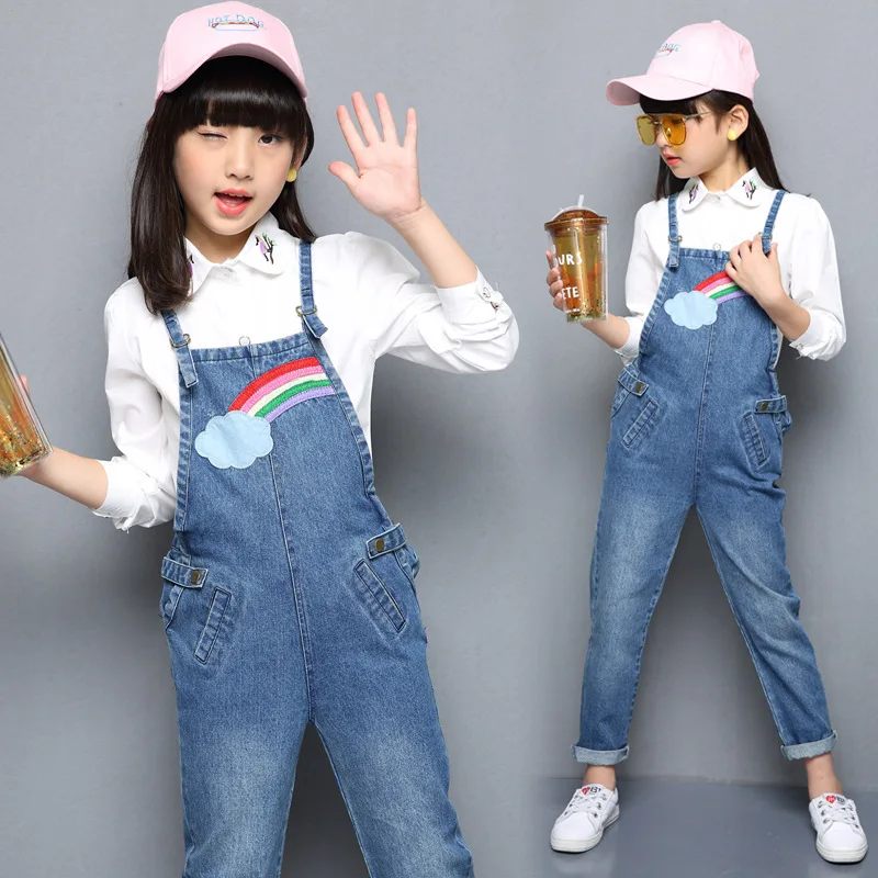 

Teenage girls overalls 2018 spring new Rainbow pattern denim suspender trousers for 2-13 years children girls summer wear