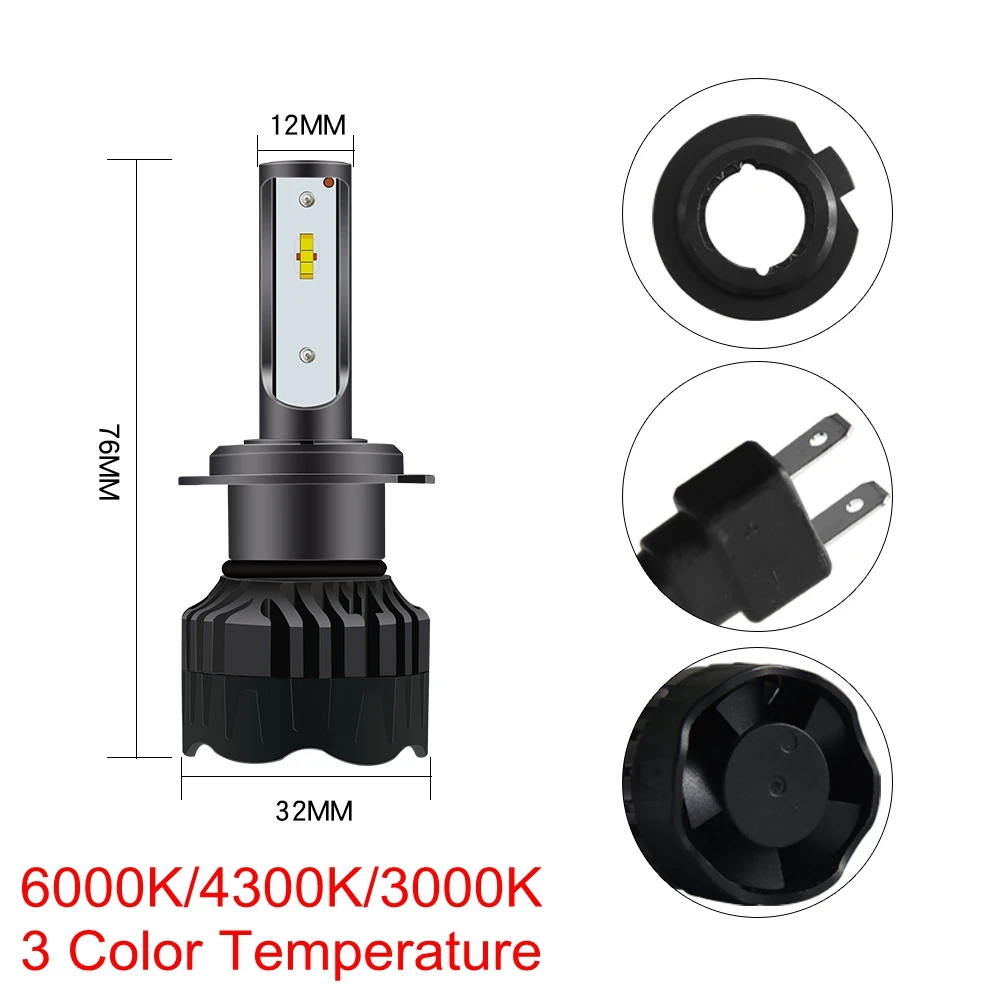 

2PCS 12V 72W Three-color Car LED Headlight 6000K/4300K/3000K 7200LM H1 H4 H7 H11 3Color Temperature Auto Lamp Fog Light Bulbs