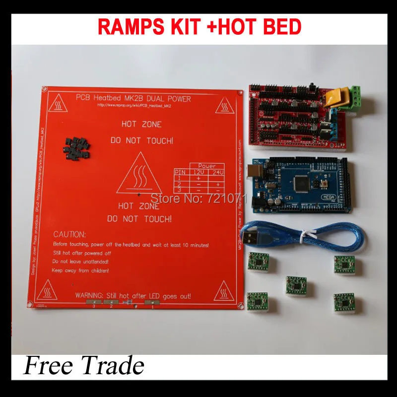 1pcs heatbed +1pcs Mega 2560 R3 + 1pcs RAMPS 1.4 Controller + 5pcs A4988 Stepper Driver Module for 3D Printer kit