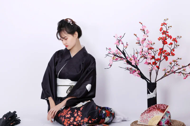 Черное японское женское торжественное платье, винтажное кимоно с принтом, юката, высокое качество, 9 штук, костюм для косплея, комплект для девочек, длинное платье