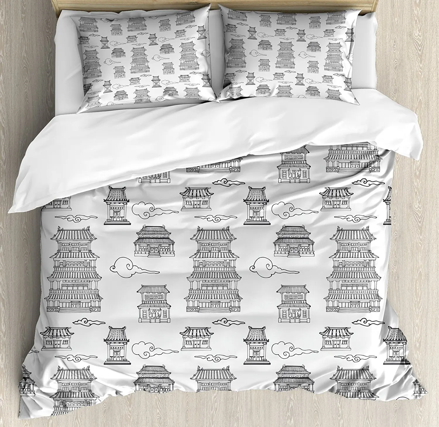 

Ancient China Duvet Cover Set King Size Hand Drawn Images of Asian Architecture Style Houses and Clouds Pagodas