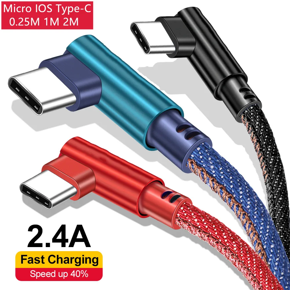 

90 Degree Type-C USB C Cable Micro USB 2.4A Fast Charging charger For Samsung iPhone X 7 Xiaomi iPad Mobile Phone Cables 1m 2m