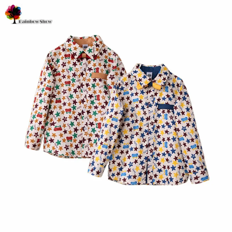 Новая детская одежда осень-весна мальчики красочных звезд с медведями Печатные Лук Хлопок Льняные рубашки для мальчиков повседневные рубашки