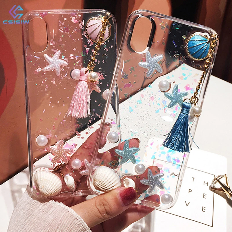

Phone Case for iphone X XS MAX XR Case 3D Pearls Conch Shell Tassels Soft Silicon Clear for iphone 6 6S 7 8 Plus Case Coque