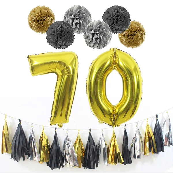 10, 20, 30, 40, 50, 60, 70, 80 лет, юбилейные праздничные украшения, бумажные помпоны с кисточками для взрослых, золотые шары из фольги для дня рождения, вечеринки - Цвет: 70th