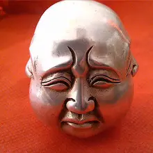 Старинные коллекционные вещи украшенный ручной работы серебряные бокалы для вина Carve 4 лица Будда редкая статуя украшения сада Настоящее тибетское серебро латунь