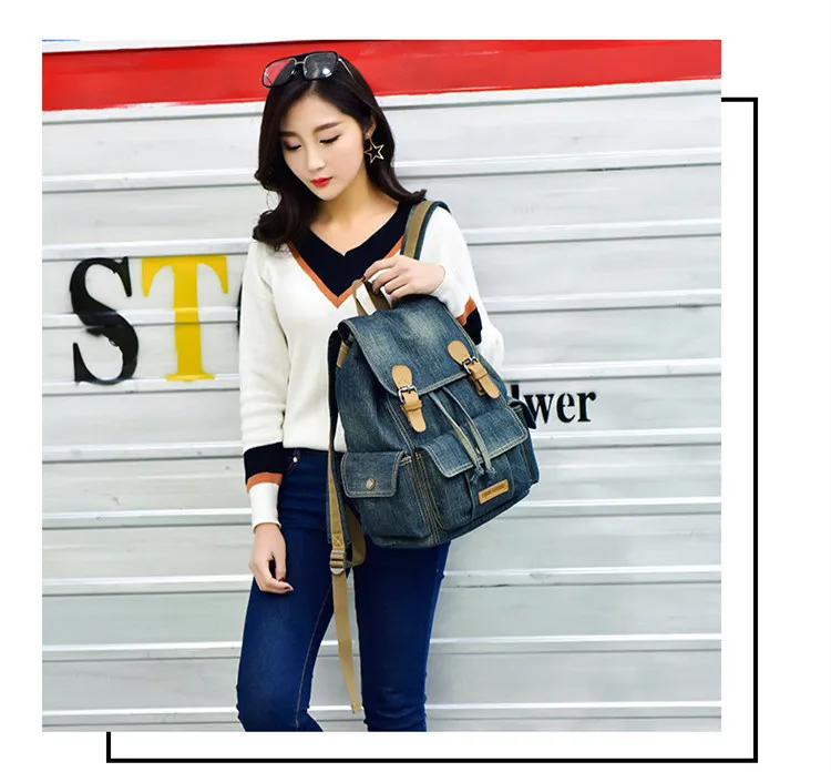 Micom Vintage Denim Backpack Women Mens Backpacks for Travelling School Bags For Teenagers Girls Large Capacity Drawstring Belts (1)