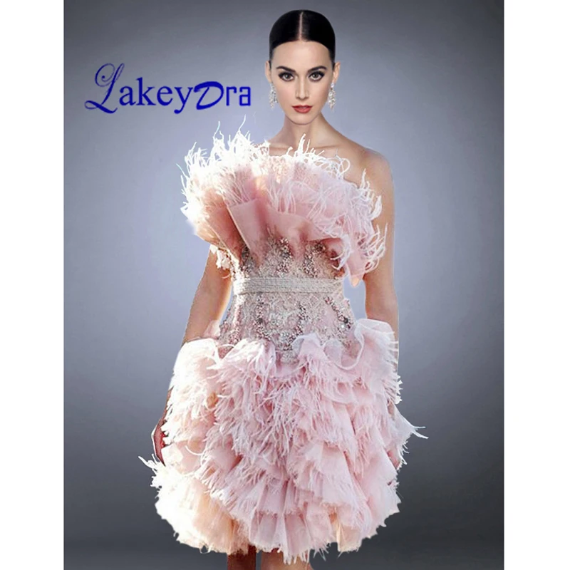 

Lakeydra Strapless Cocktail Dresses Pink Organza with Feather Beads Plus Size Zipper Back Sexy Short Prom Gowns Robe De Soiree