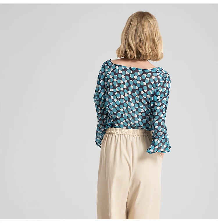 Женская блузка из натурального шелка с принтом в горошек, с рукавами-бабочками, Модные прозрачные блузки, весна-лето, топ, синяя рубашка