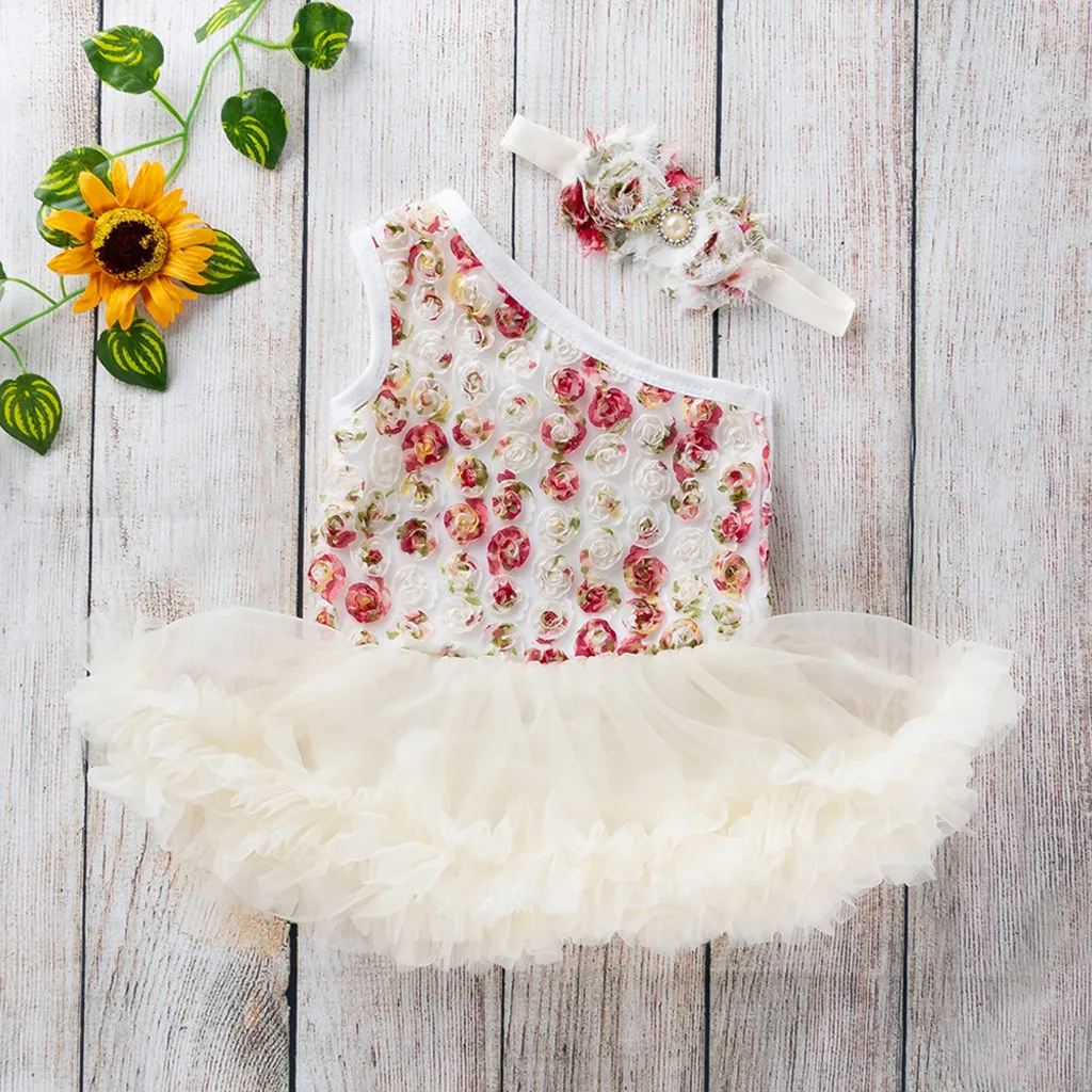 

2 PCS Baby Girls Flower Dress +Headband Outfits Set Sleeveless Infant Girl Romper Tutu Dress Headband Floral Outfit Party Dress