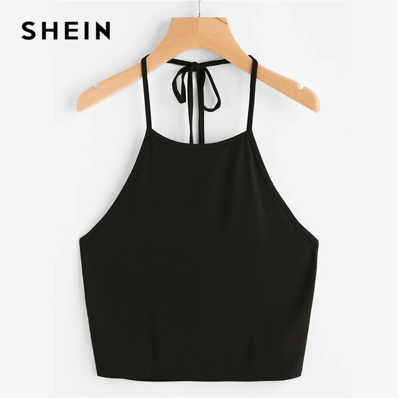 SHEIN, Boho, сексуальный, с завязками, на шее, Одноцветный, укороченный, топик, женский, летний, тонкий, на бретелях, с открытой спиной, для девушек, базовые Топы на бретельках