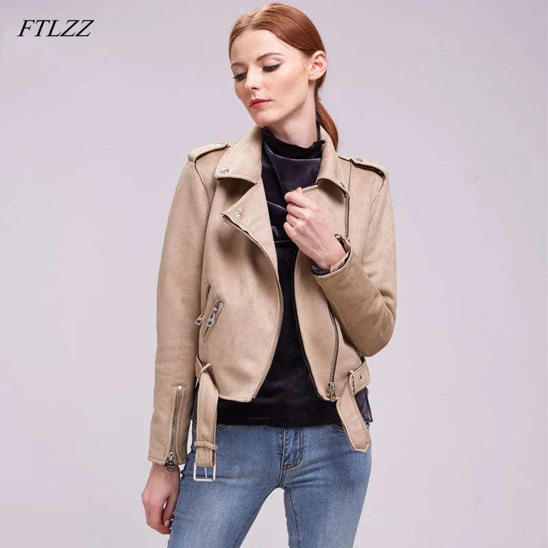 

FTLZZ Faux Suede Leather Jacket Women Slim Zipper Biker Leather Coat Black Motorcycle Belted Short Coats Basic Street Outwear